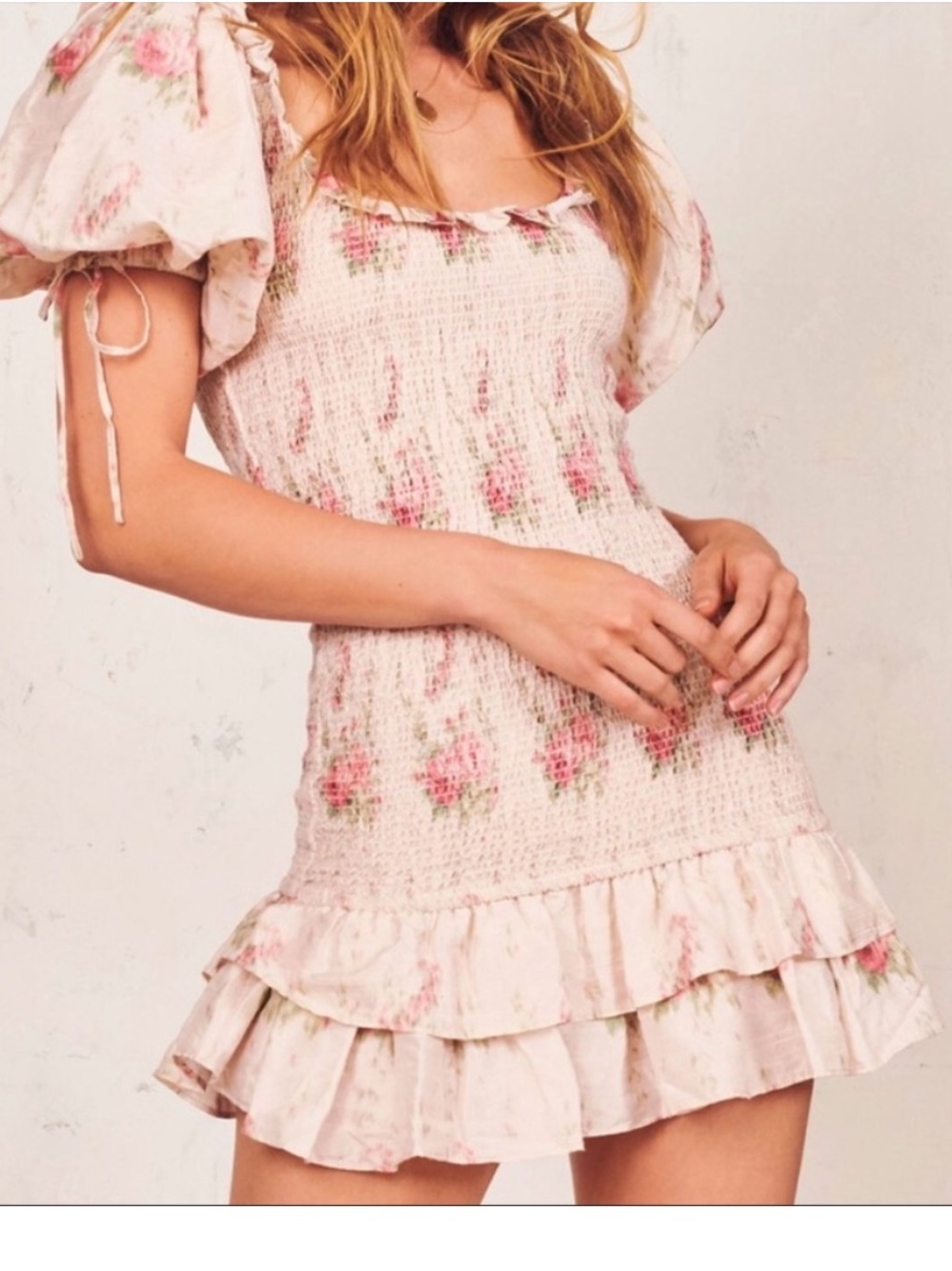 LoveShackFancy Pink Floral Smocked Mini Dress